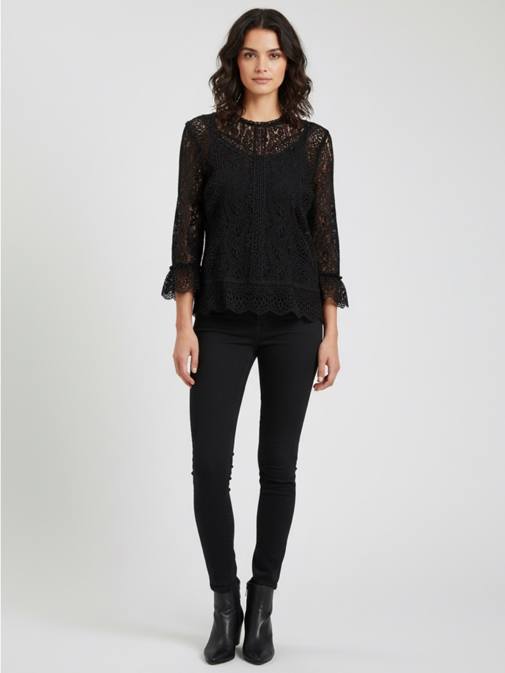 Women's Black Lace Long-Sleeve Blouse